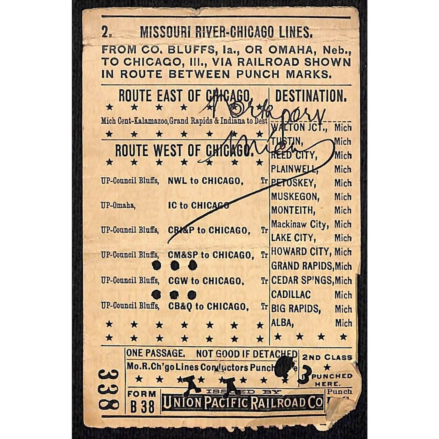 1913 Union Pacific Railroad Ticket Missouri River Chicago Lines Omaha #338