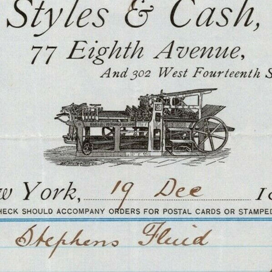 1887 Styles & Cash Stationers Book Printers Billhead Letterhead 77 8th Ave NYC