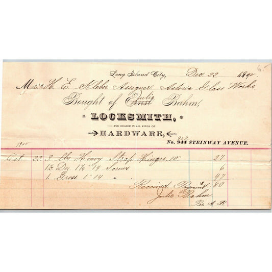 1892 LIC NY Letterhead Julie Bahm Locksmith Hardware Dealer Steinway Ave Signed