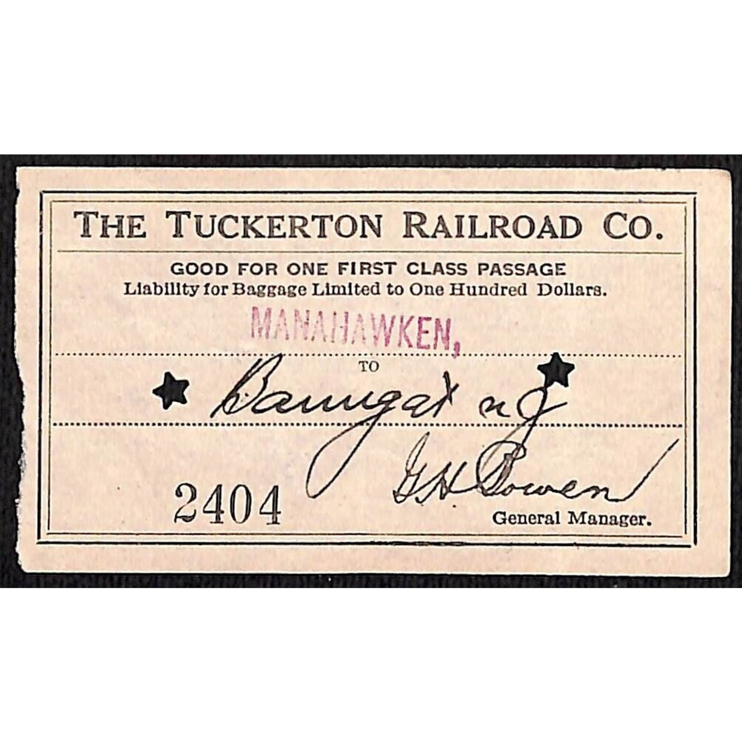 1931 Tuckerton Railroad First Class Ticket Manahawken, NJ Scarce #2404