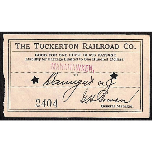 1931 Tuckerton Railroad First Class Ticket Manahawken, NJ Scarce #2404