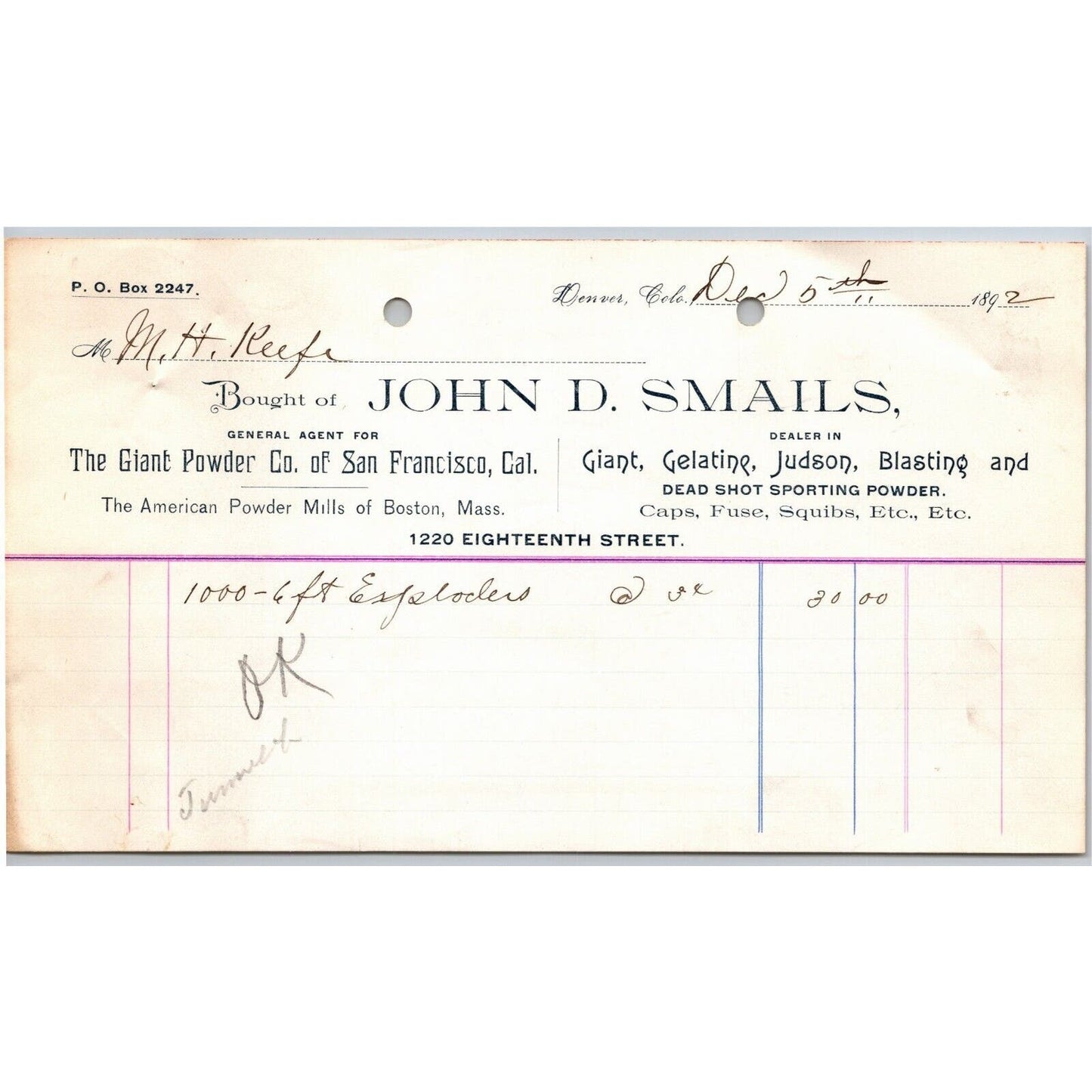 1892 Denver, CO John D. Smails Giant Powder Fuse Caps Letterhead -- M.H. Keefe