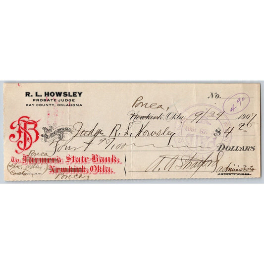 Kay County, Oklahoma Territory 1907 R.L. Howsley Probate Judge Bank Check