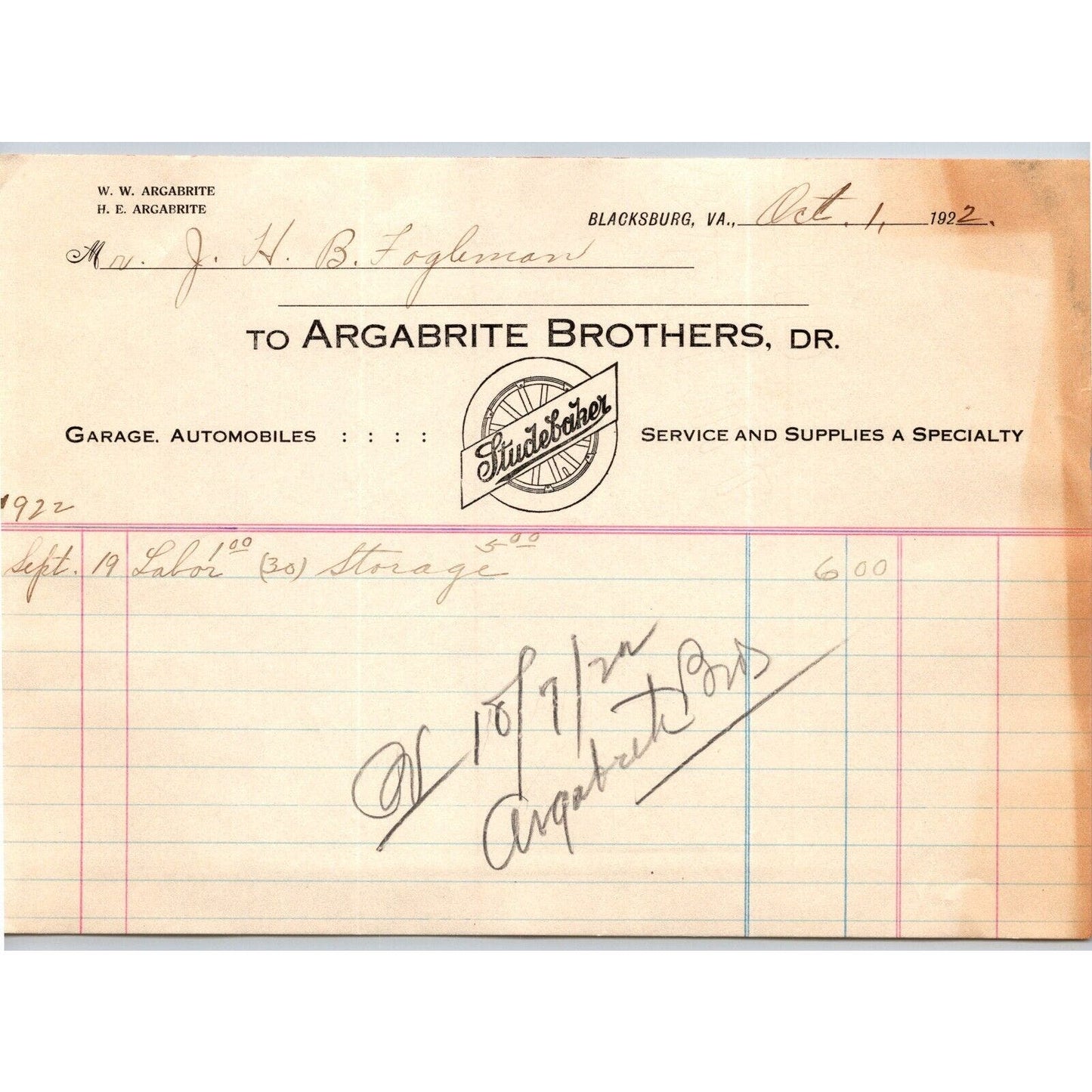 Blacksburg, VA Argabrite Brothers Studebaker Garage Automobiles 1922 Billhead