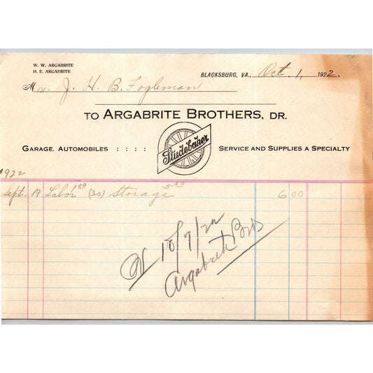Blacksburg, VA Argabrite Brothers Studebaker Garage Automobiles 1922 Billhead