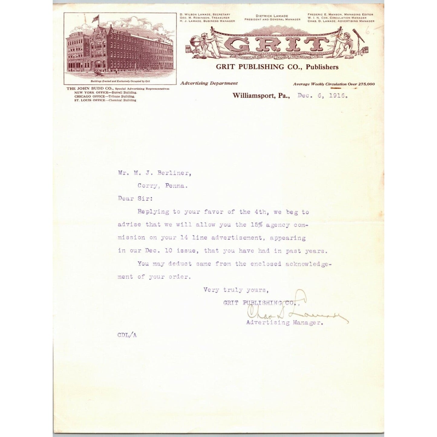 Grit Publishing 1916 Williamsport, PA Letterhead ".. Greatest Family Newspaper"
