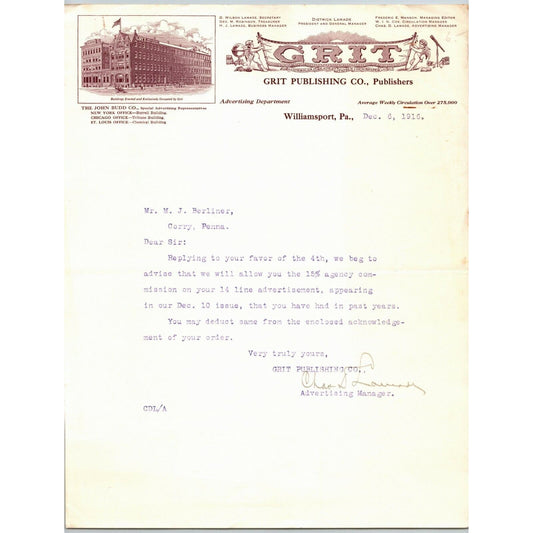 Grit Publishing 1916 Williamsport, PA Letterhead ".. Greatest Family Newspaper"