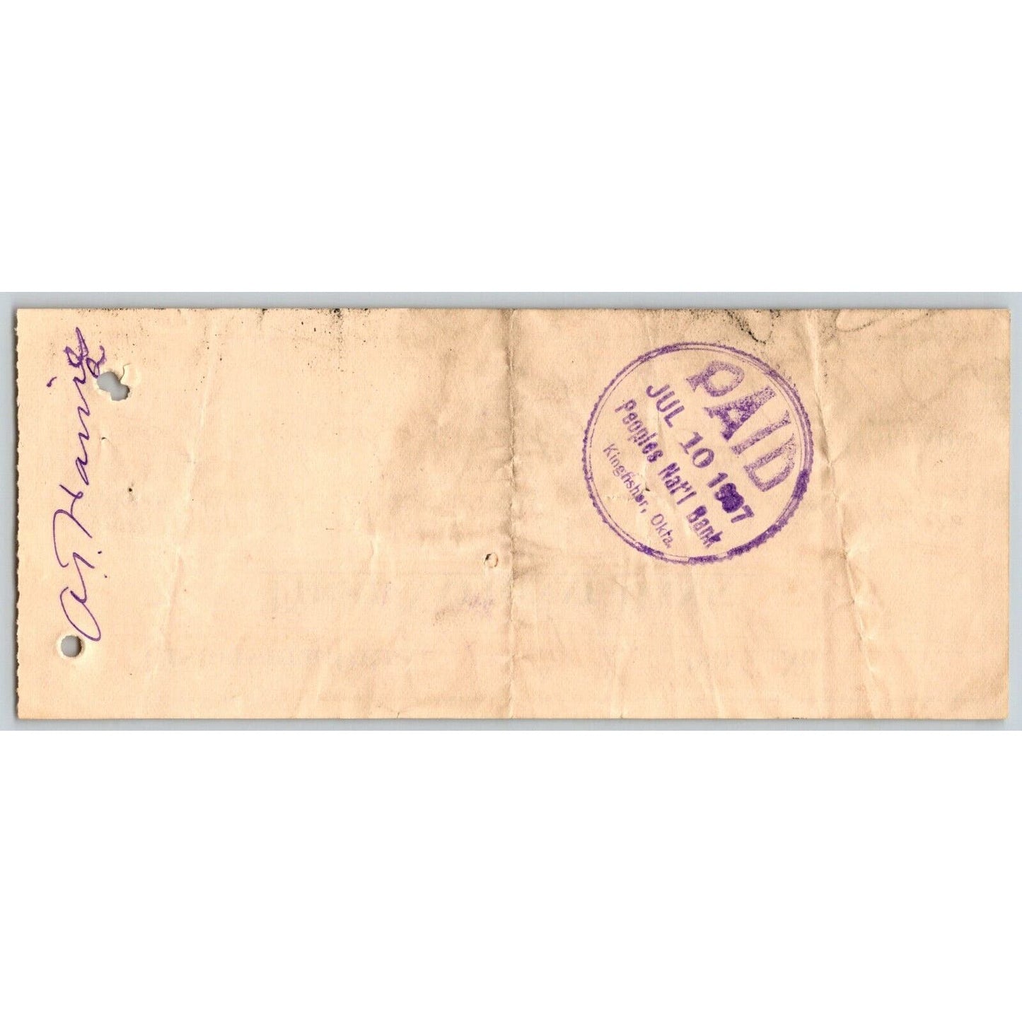 Kingfisher, Oklahoma Territorial July 1907 FNB Check - Scarce