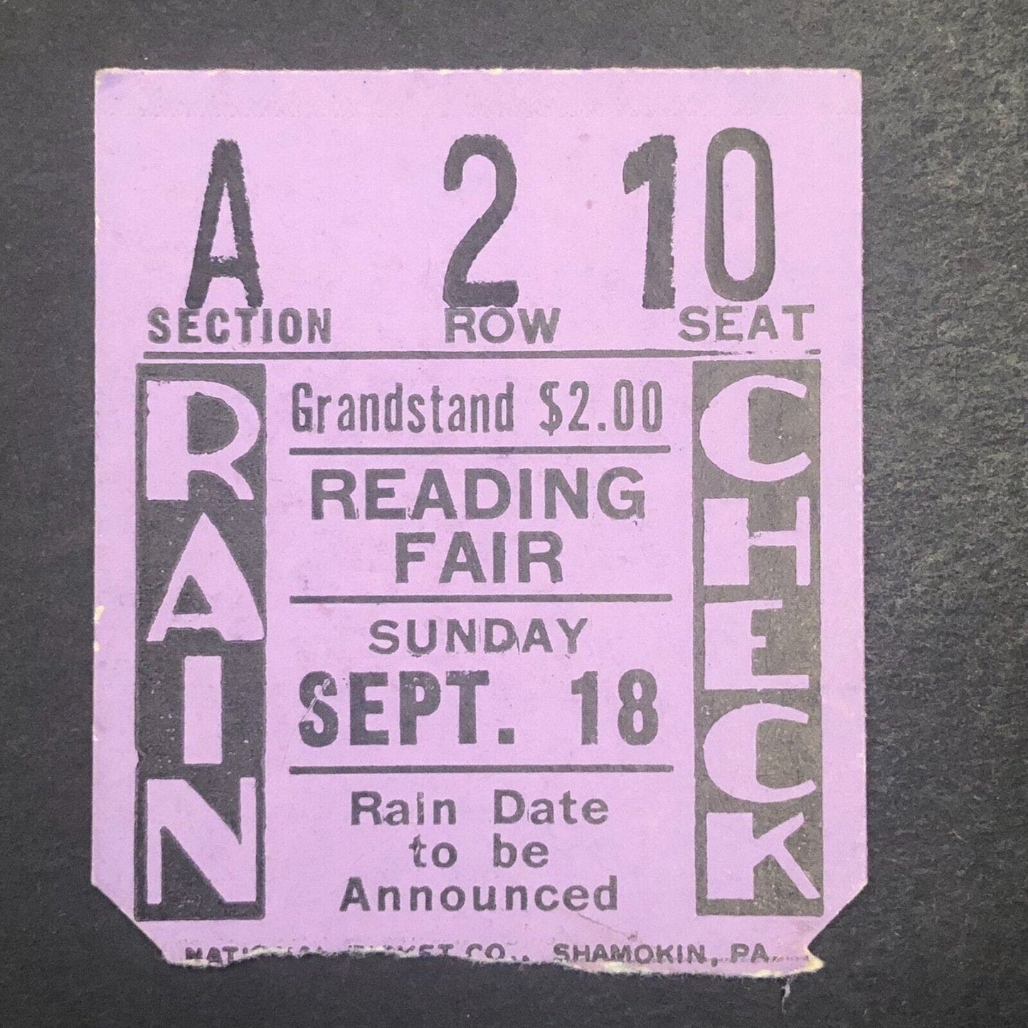 Reading Fair Speedway 9/18 1955 Auto Racing Rain Check Ticket Stub Hinnershitz