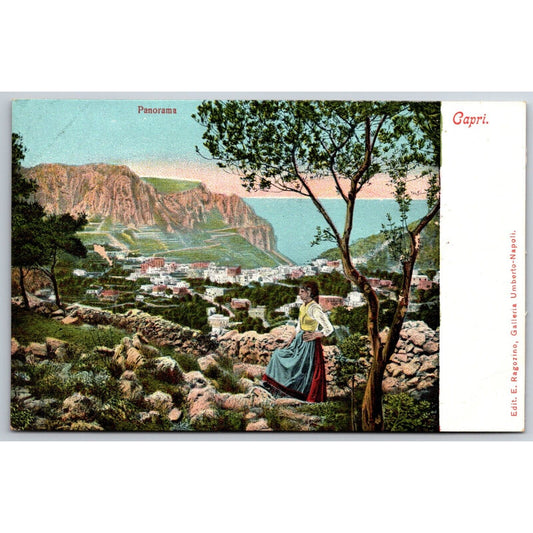 Italian Postcard Capri Panorama Woman Stands at Rocky City Overview c1901-1907