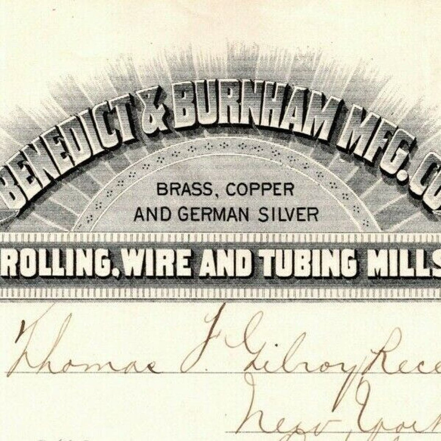 1887 "Benedict & Burnham Mfg. Co" Brass Billhead Letterhead Waterbury - CONN