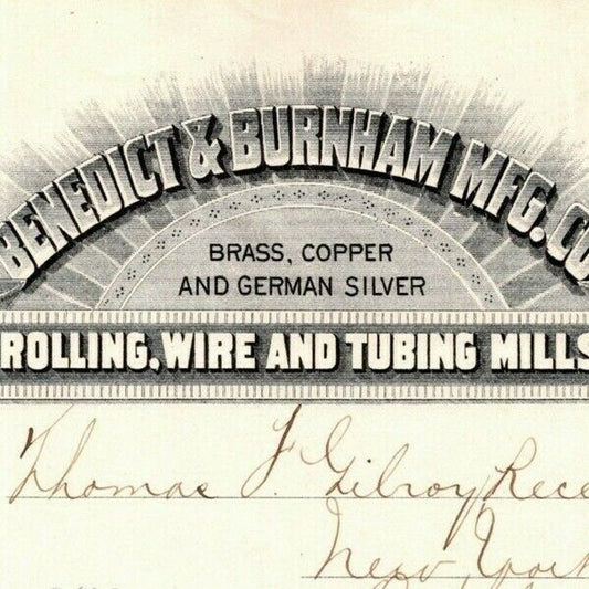 1887 "Benedict & Burnham Mfg. Co" Brass Billhead Letterhead Waterbury - CONN