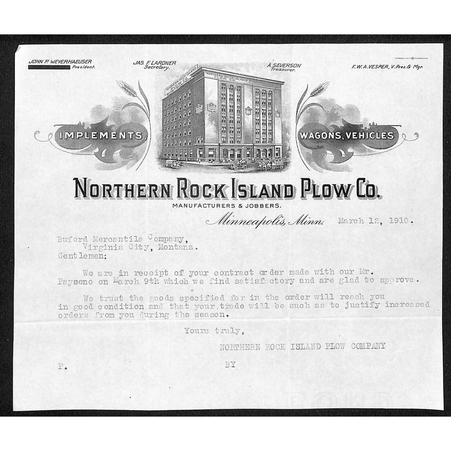 Northern Rock Island Plow Minneapolis 1910 Billhead Payment & Delivery Buford*