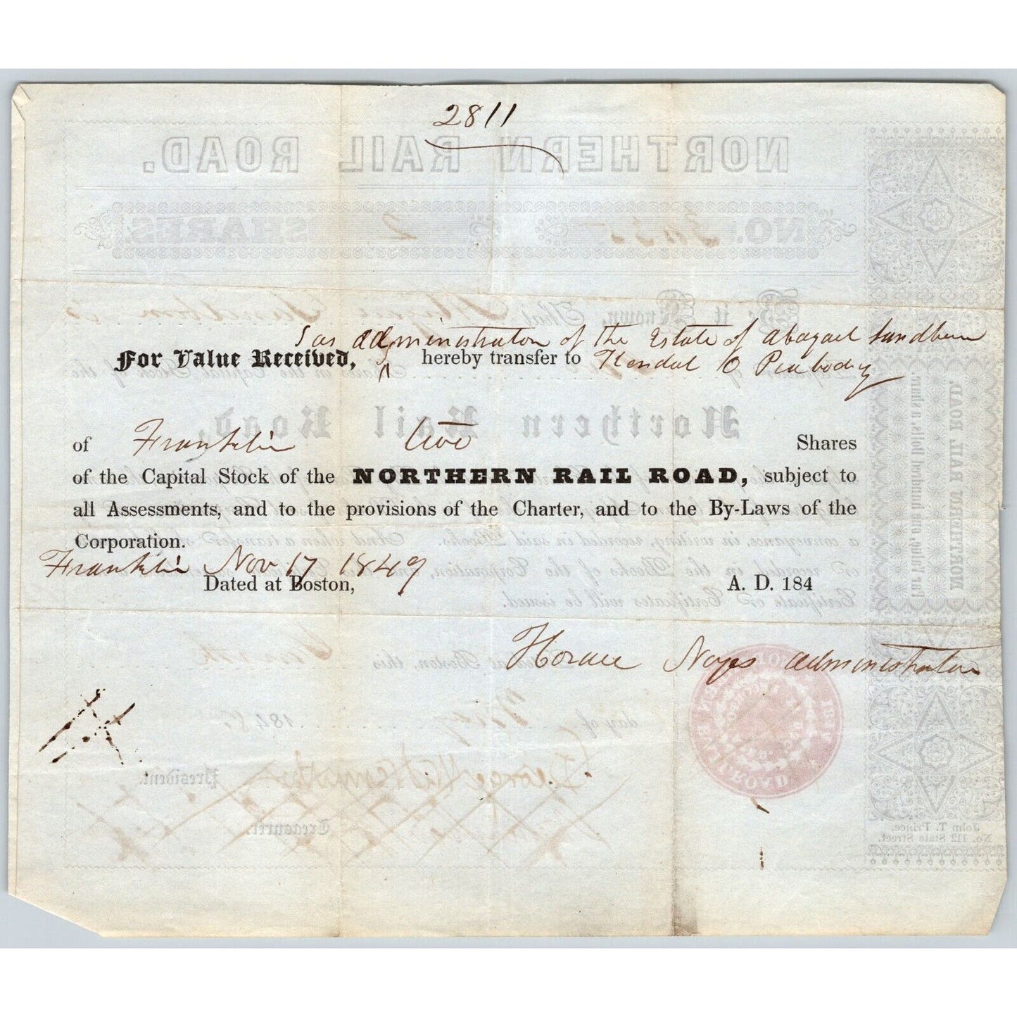 1848 Boston, MA Northern Railroad Stock Certificate No. 3035 for 2 Shares