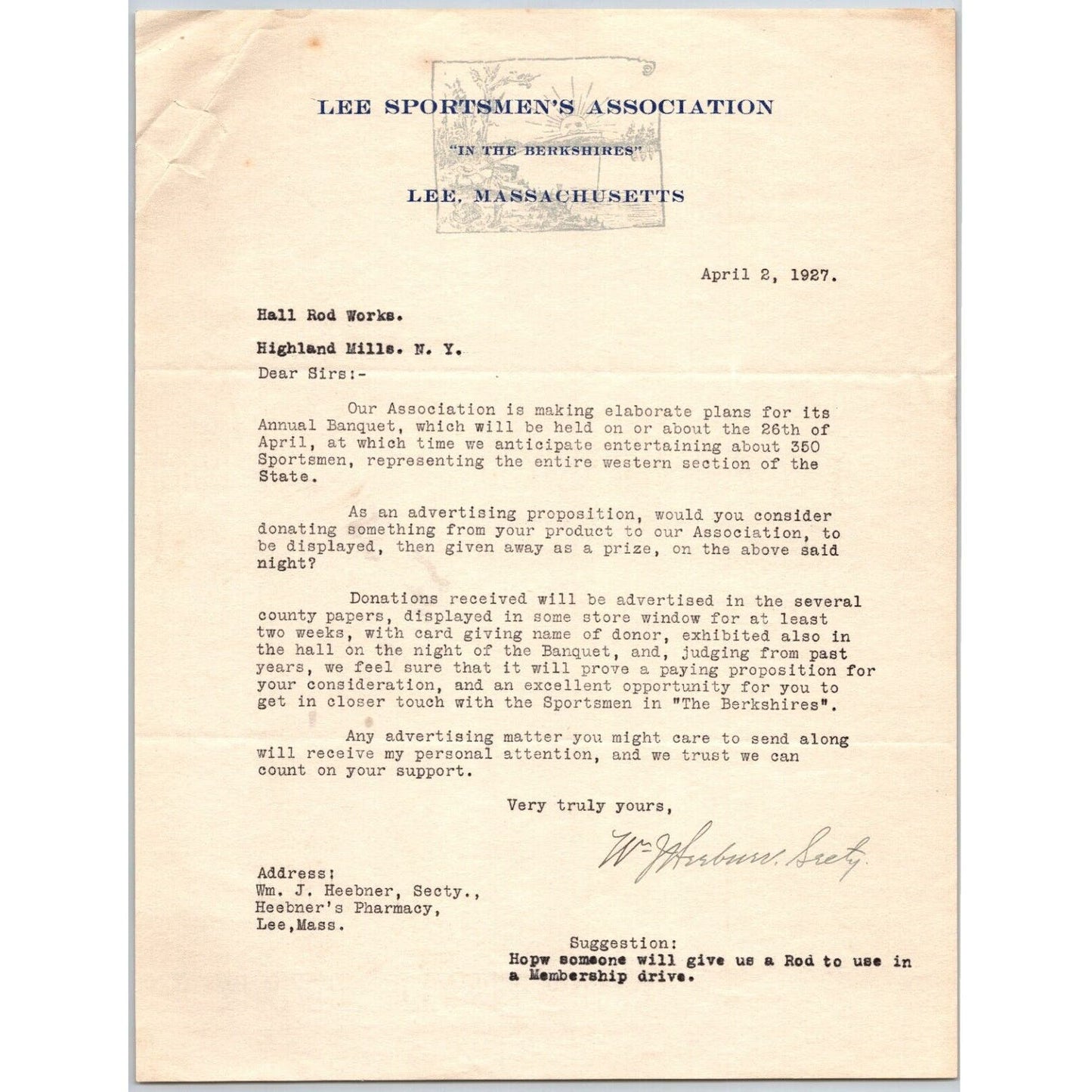Lee, MASS Lee Sportsmen's Association 1927 Letterhead re: Annual Banquet Sunrise
