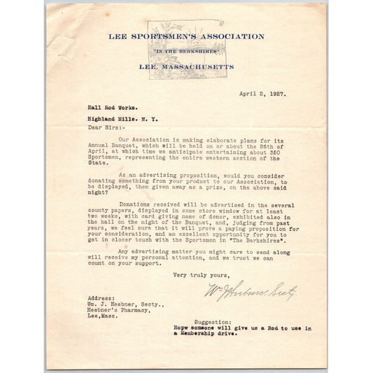 Lee, MASS Lee Sportsmen's Association 1927 Letterhead re: Annual Banquet Sunrise
