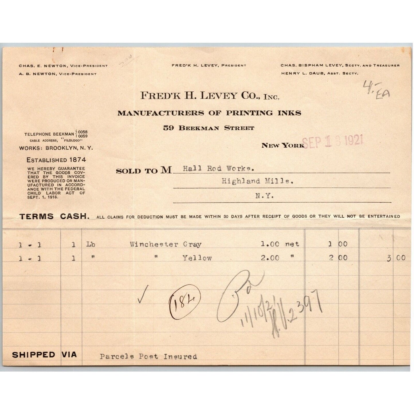 1921 NY, NY Letterhead Frederick H. Levey Co. Printing Inks Beekman Street