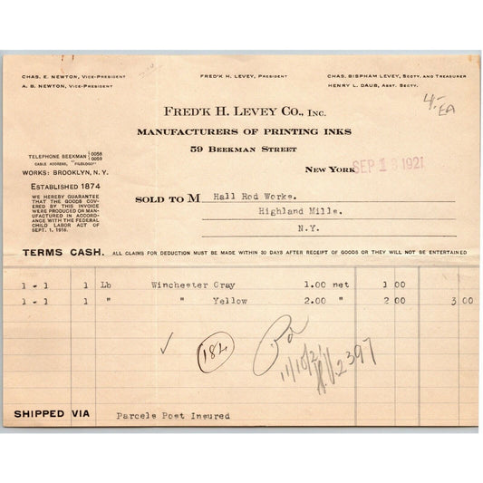 1921 NY, NY Letterhead Frederick H. Levey Co. Printing Inks Beekman Street