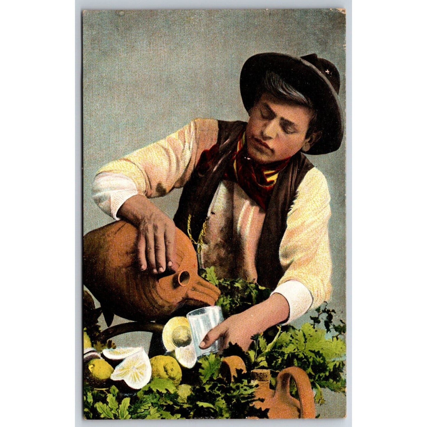 Italian Postcard Man Pours Water From a Ceramic Vessel Farming c1901-1907