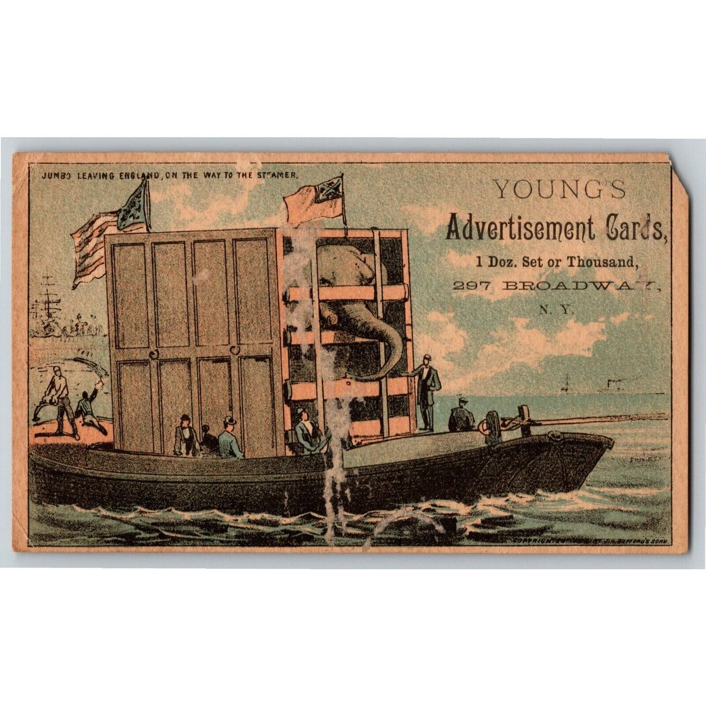 Young's Advertising Card / Crated Jumbo Elephant on Boat - Victorian Trade Card