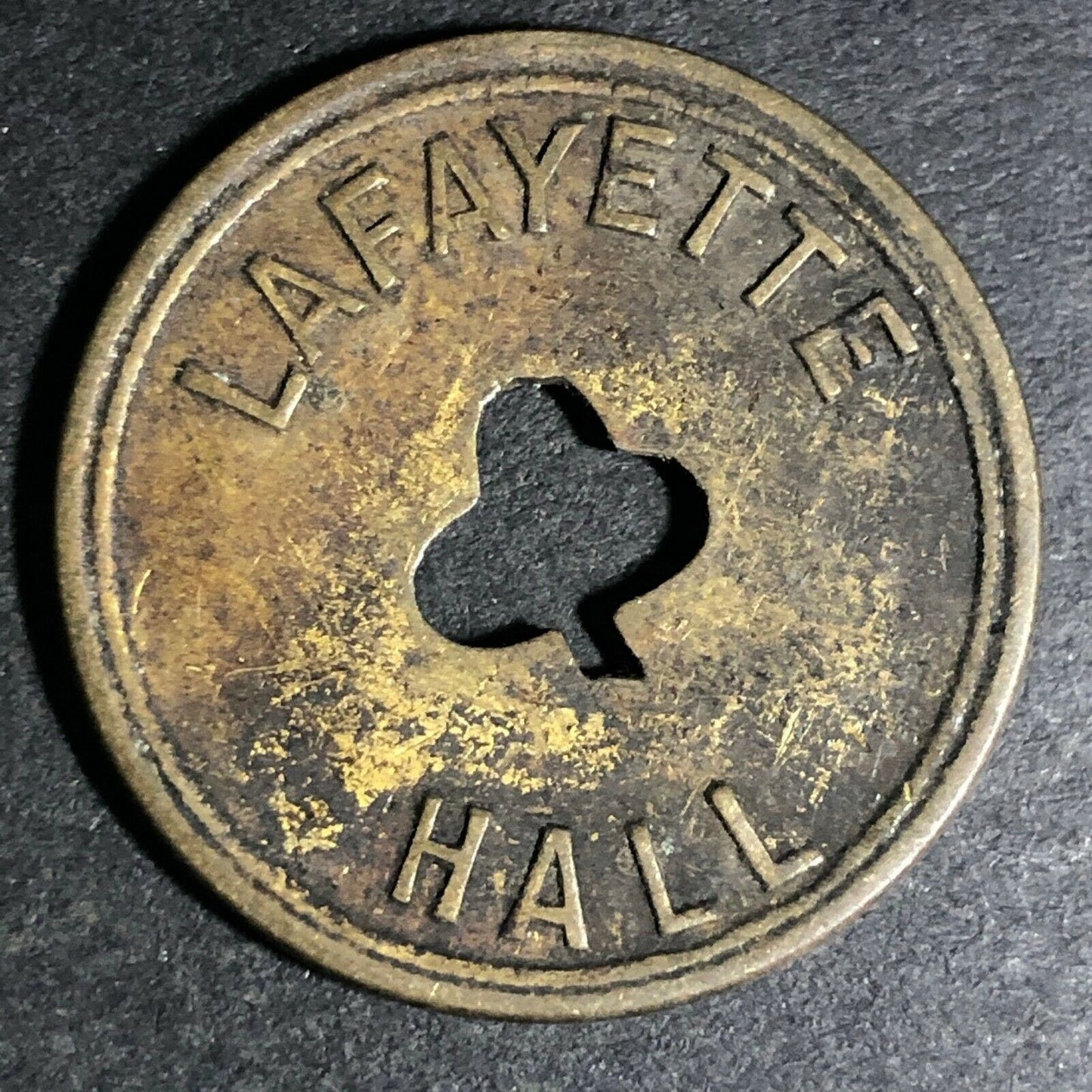 24.5mm Brass Lafayette Hall (Saloon Sacramento, CA) Token Clover Shamrock (#33)