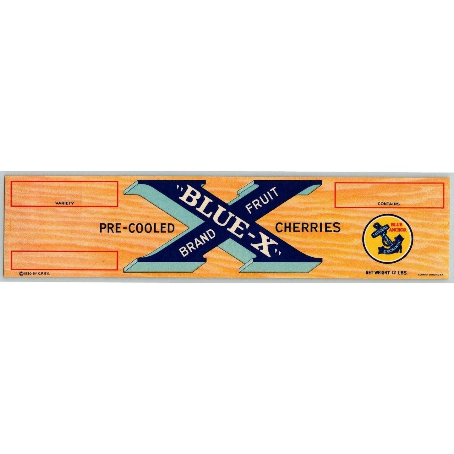 "Blue-X" Pre-Cooled Cherries Blue Anchor Fruit Exch. Original Small Paper Label