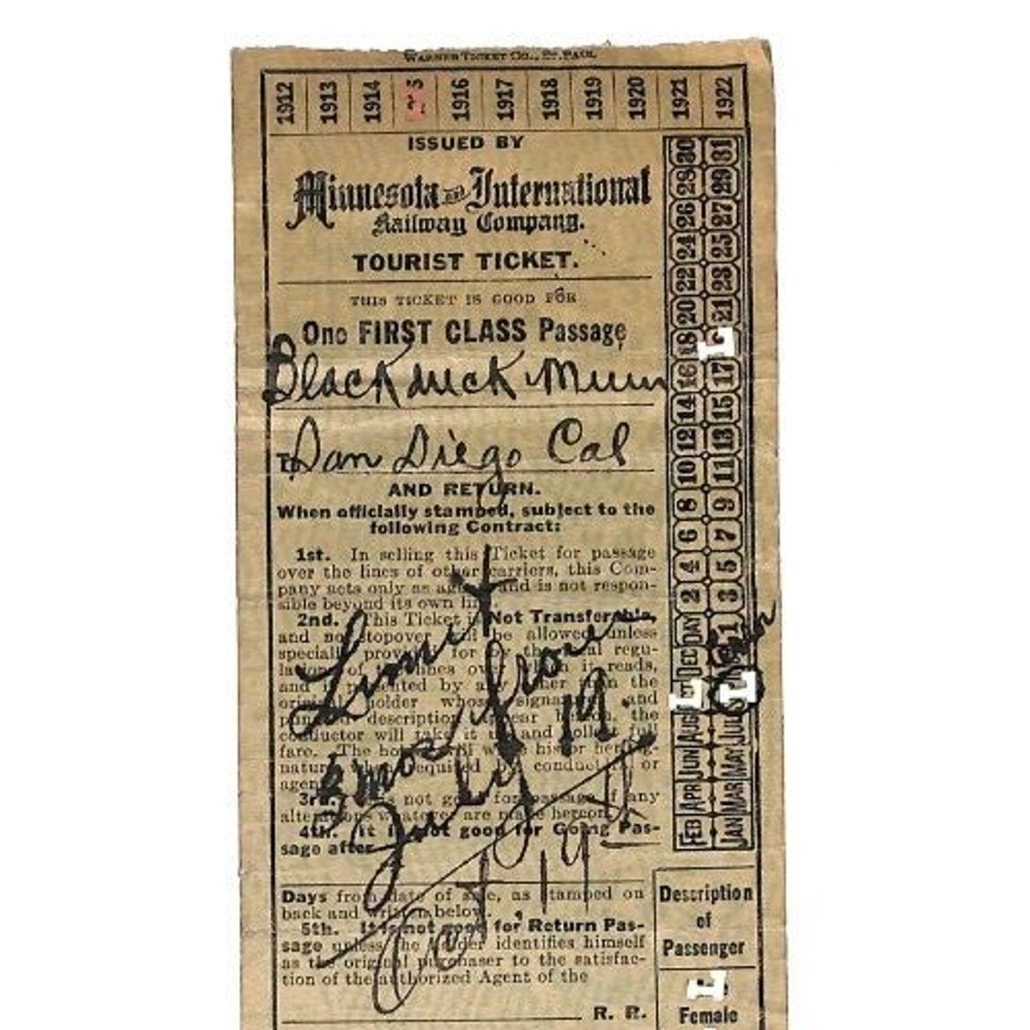 Minnesota and International Railway RR Ticket 1915 Blackduck, MN to San Diego