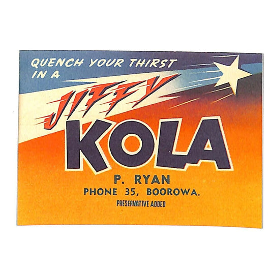 Jiffy Kola Soda Paper Label P. Ryan Boorowa Australia c1960's Scarce