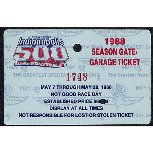 1988 Indy 500 Season Gate / Garage Ticket Pass Card Indianapolis IMS #1748 VGC