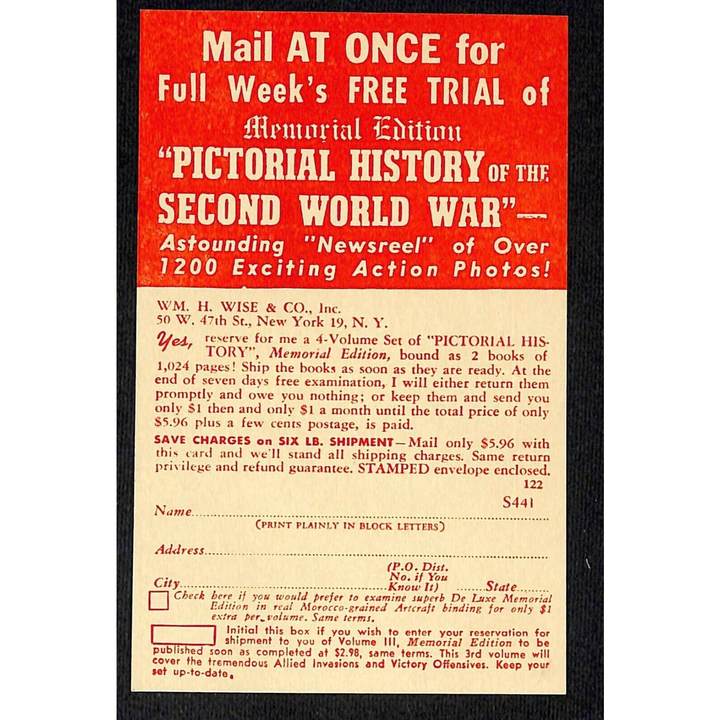 c1940's H. Wise & Co's "Pictorial History WW2" Postal Reply Postcard Offer Card