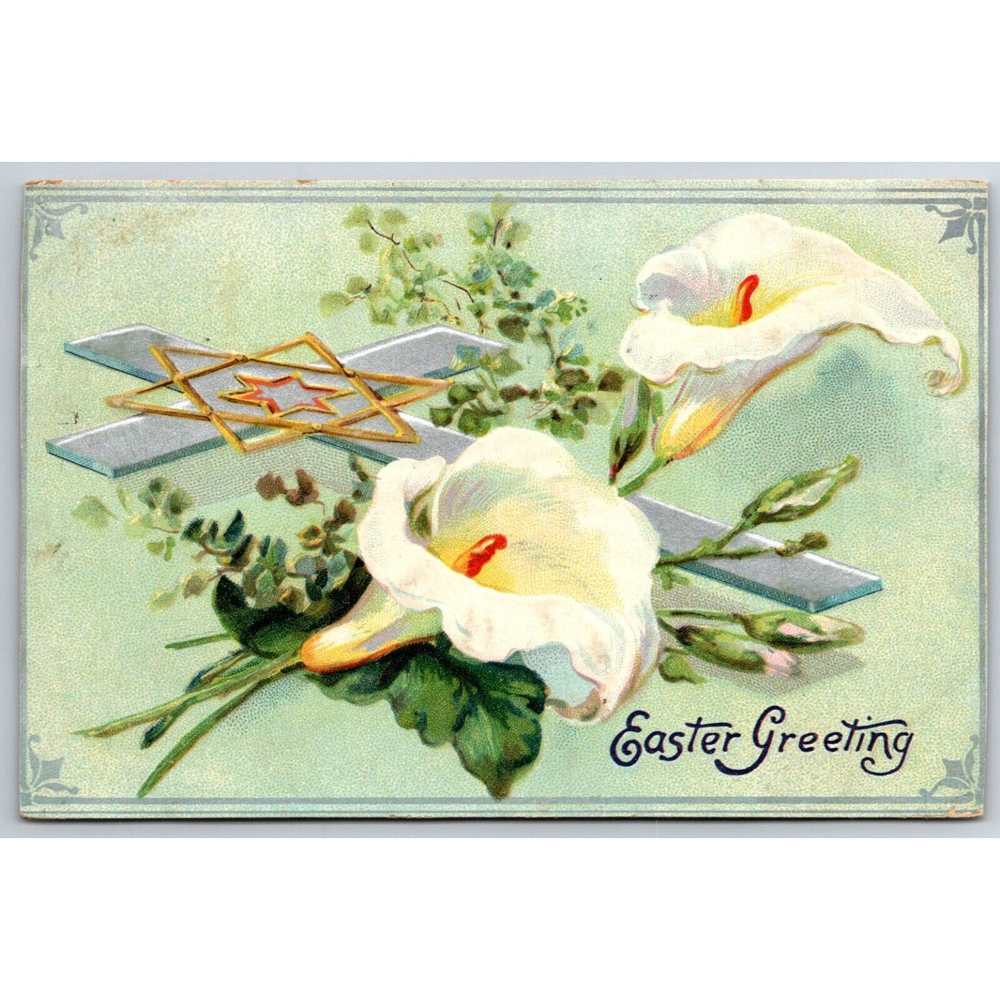 Easter Postcard "Easter Greetings" Silver Cross Lilies Tuck PM c1908