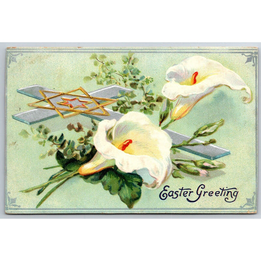 Easter Postcard "Easter Greetings" Silver Cross Lilies Tuck PM c1908