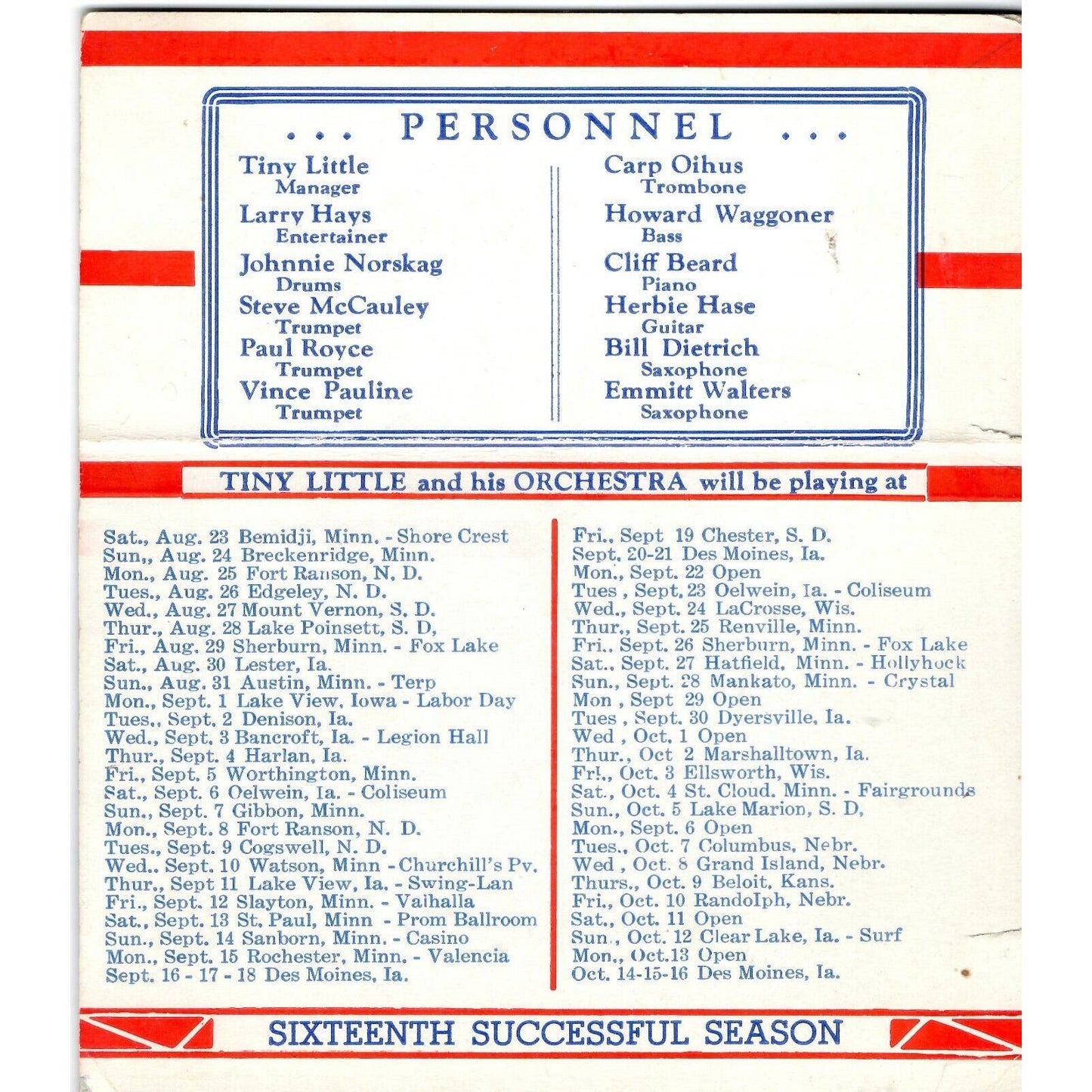 c1940's Tiny Little and His Orchestra Itinerary Card - Worthington, MN