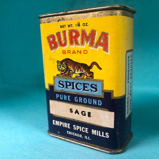 Burma Brand Chicago Sage Spice Tin 3 1/8"h Fiber Body w/ Tiger c1940's Scarce