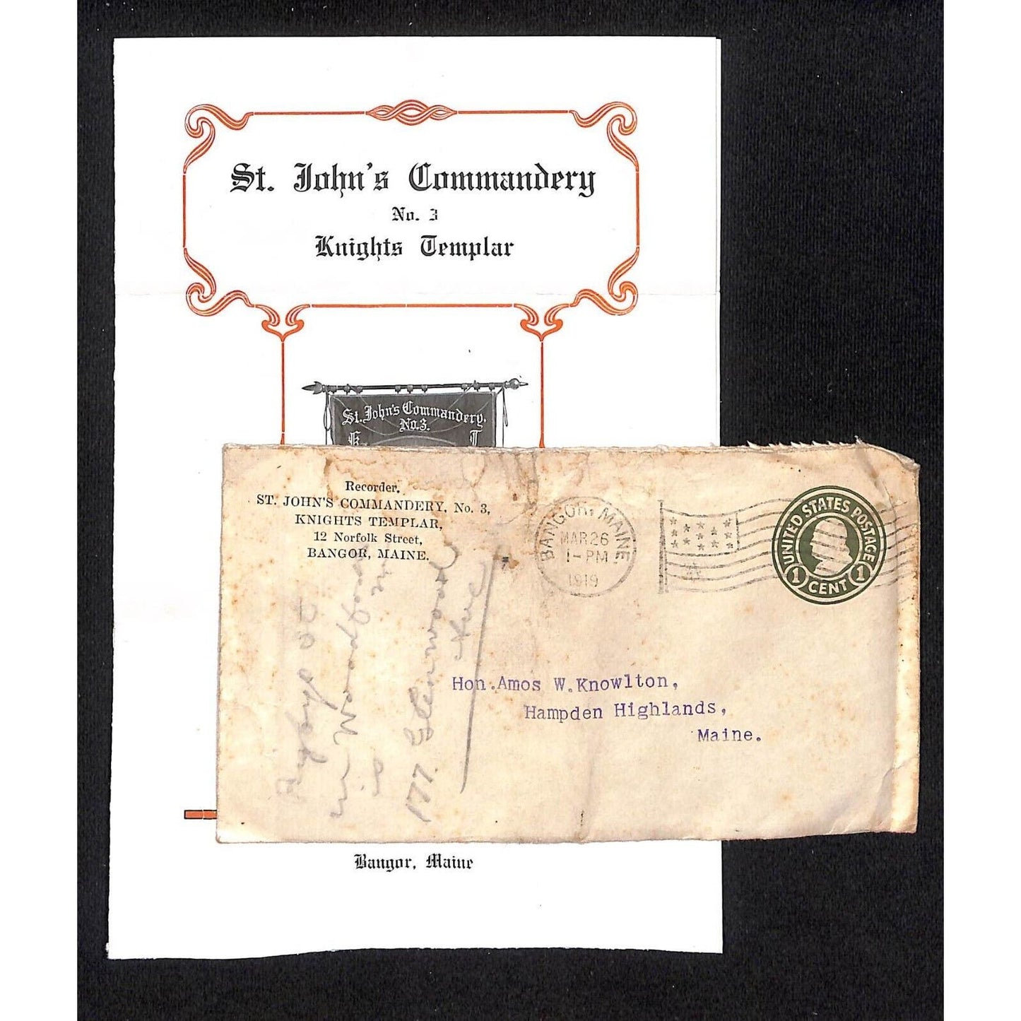 Hamden Highlands, ME 1919 Amos W. Knowlton* Knight's Templar Conclave Program VG