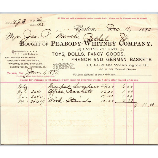 Boston, MA Peabody & Whitney Toys Dolls 1893 Billhead JP Marsh Bethel, VT Scarce