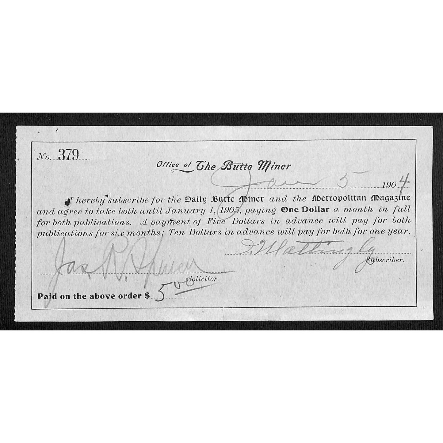 "The Butte Miner" Butte Montana 1904 Metropolitan Magazine Subscription Receipt
