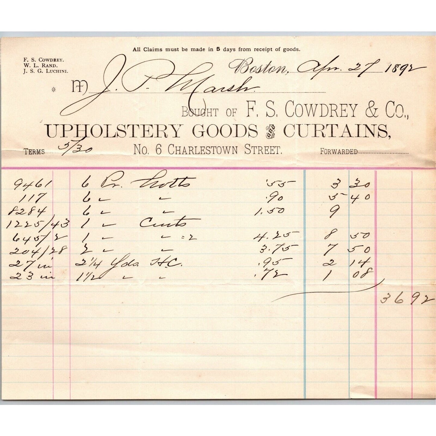 Boston, MA F.S. Cowdrey & Co. Upholstery 1892 Billhead JP Marsh Bethel, VT