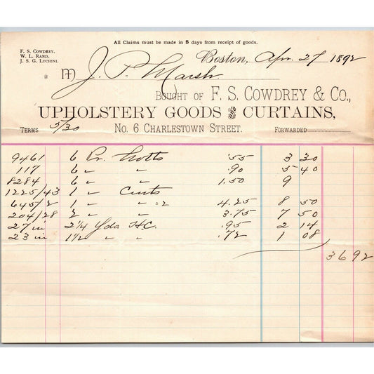 Boston, MA F.S. Cowdrey & Co. Upholstery 1892 Billhead JP Marsh Bethel, VT