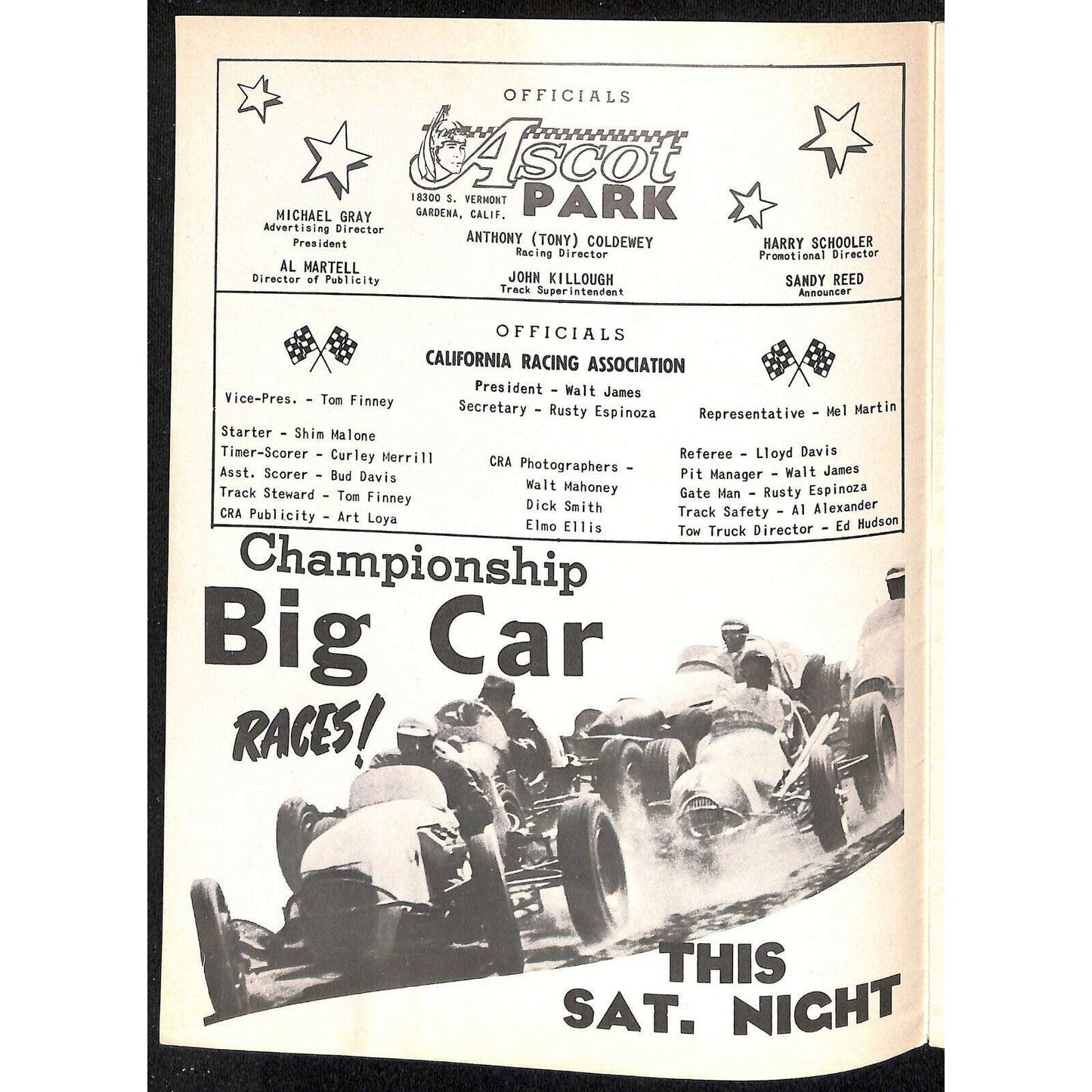 Scarce June 10 1961 Auto Racing CRA Big Car Program Ascot Gardena, CA 12pp