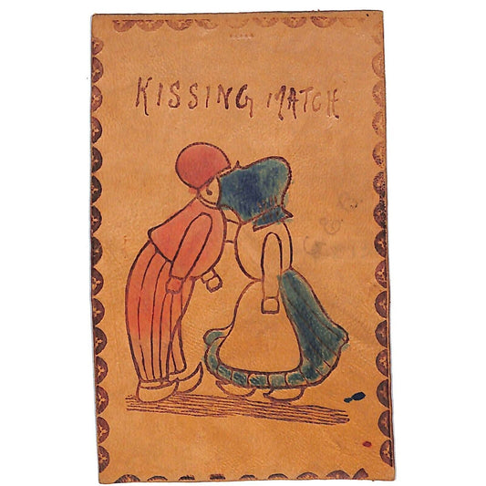 Funny Leather Postcard "Kissing Match" Dutch? Couple - Kissing Humor