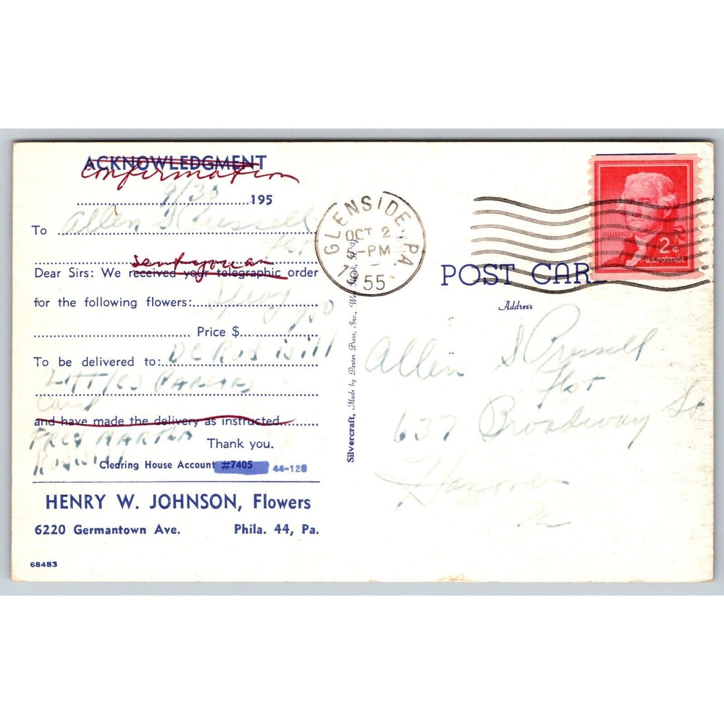Henry W. Johnson Flower Store Philadelphia 1955 RPPC* Advertising Postcard