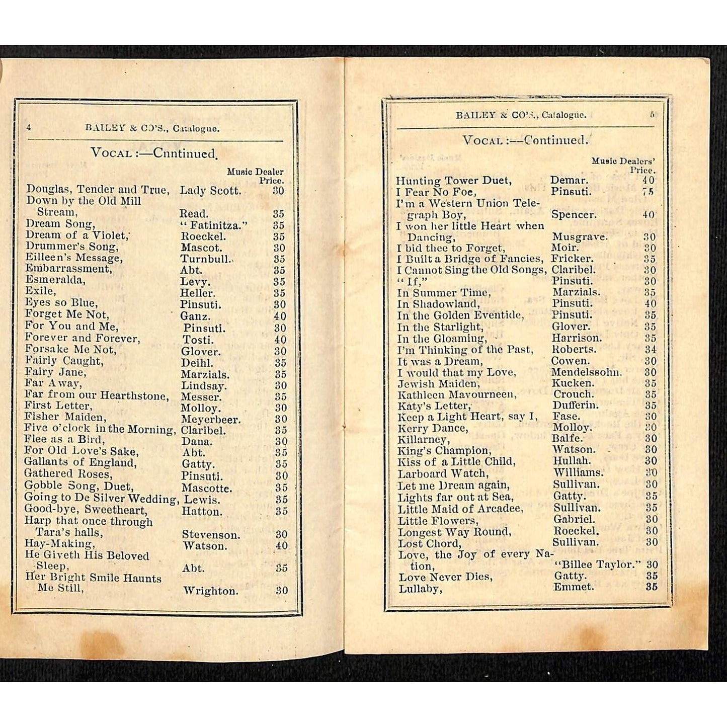 Bailey & Co's. Boston "Select Catalogue of Music" 19pp c1885 E.A. Bryant Printer
