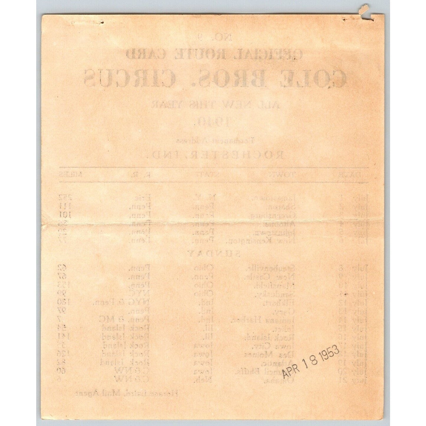 1940 Cole Bros Circus Route Card PA NY OH IN IL IA NE