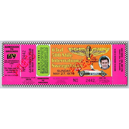 1979 Indianapolis 500 Full "Press" Ticket w/ Al Unser Racing IMS #2442
