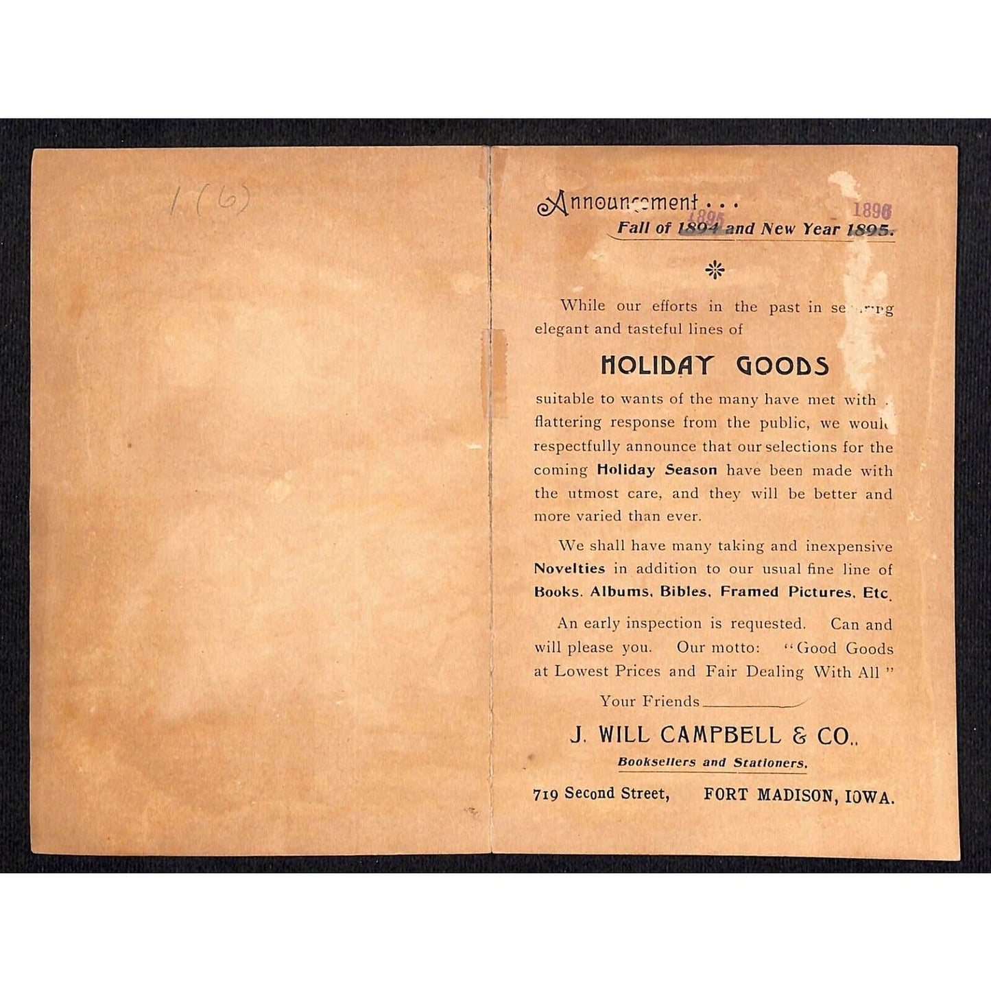 J. Will Campbell & Co. Madison, Iowa Large Victorian Trade Card Girl Holly