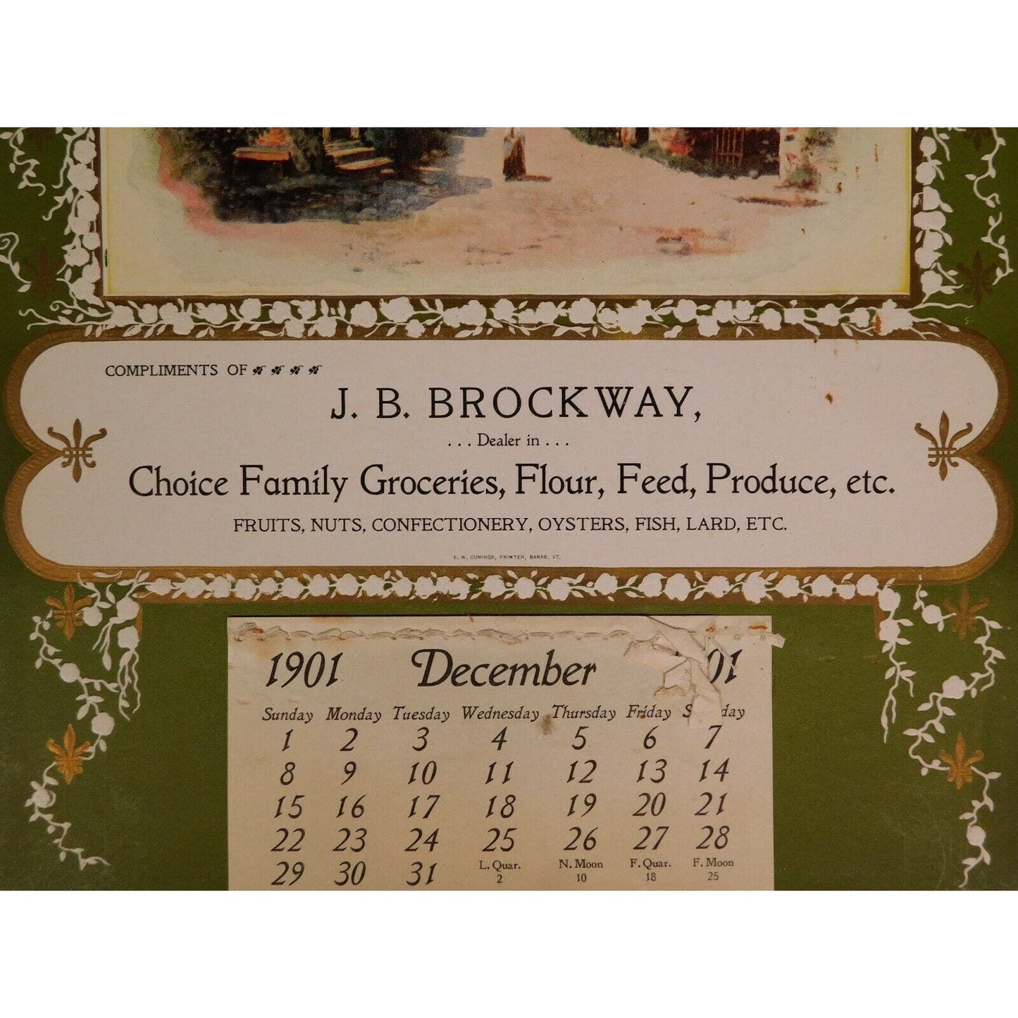 J. B. Brockway Groceries Flour..Oysters Lard 1901 Calendar Vermont