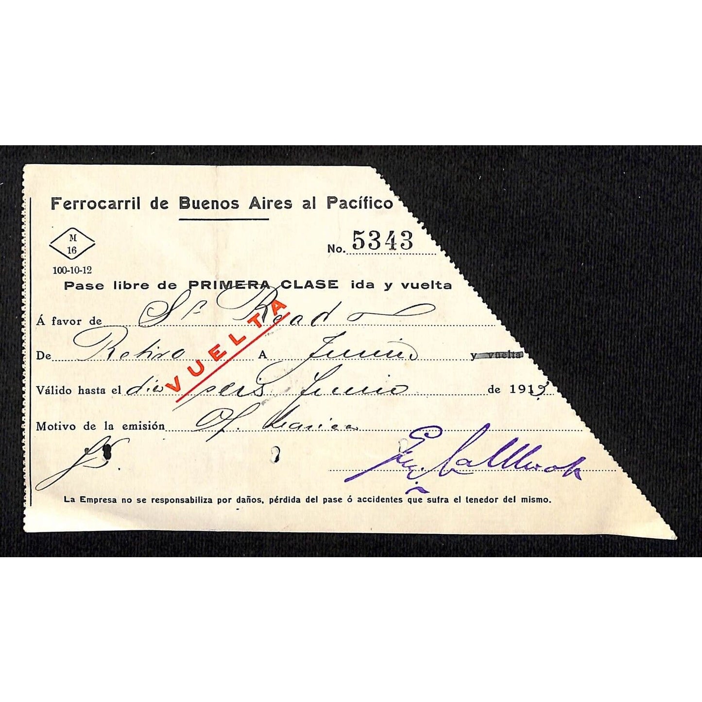 1913 Ferrocarril de Buenos Aires al Pacífico First Class Pass / Ticket Scarce