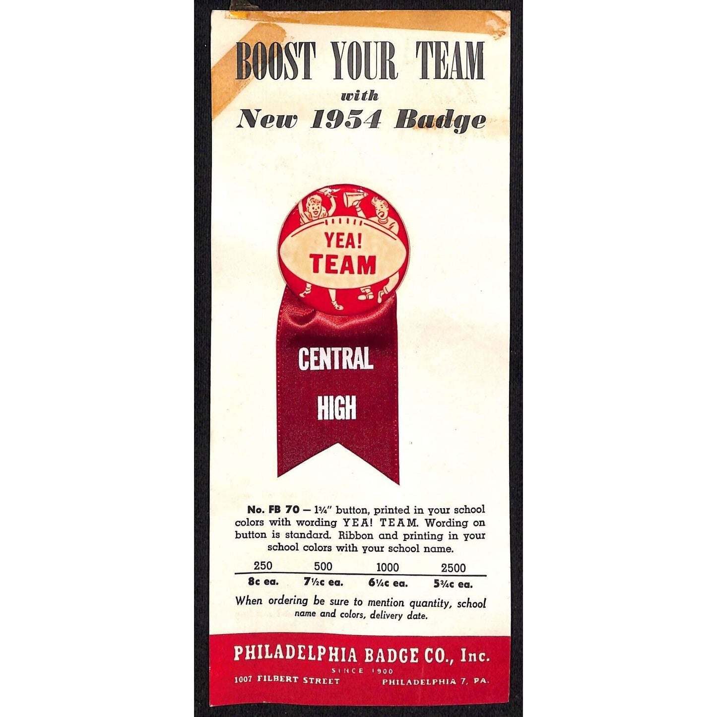 1954 School Team Pinback on Phila. Badge Co. Catalog Salesman's Sample Card