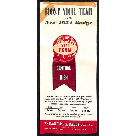 1954 School Team Pinback on Phila. Badge Co. Catalog Salesman's Sample Card